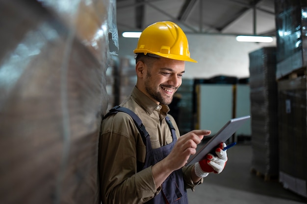 Foto portret van kaukasische glimlachende magazijnmedewerker die zich door paletten bevindt en inventaris op tabletcomputer in pakhuis controleert.