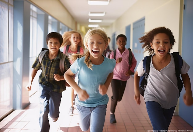 Portret van kinderen die bij de school rennen