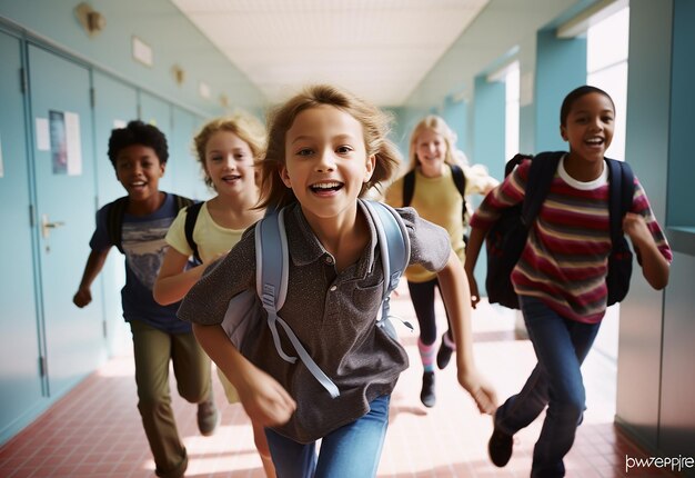 Foto portret van kinderen die bij de school rennen