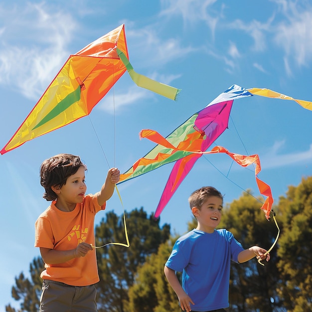 Foto portret van kinderen die genieten van het maken en vliegen van diy-vliegers