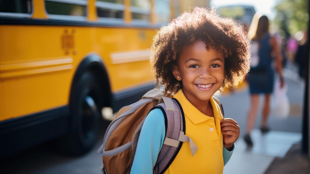 Portret van kinderen met een schoolbus