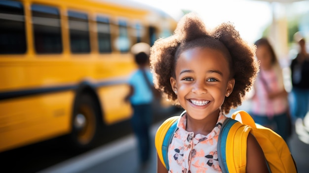 Portret van kinderen met een schoolbus