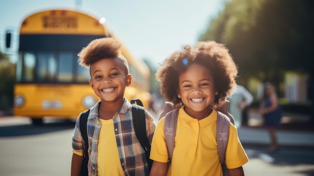 Portret van kinderen met een schoolbus