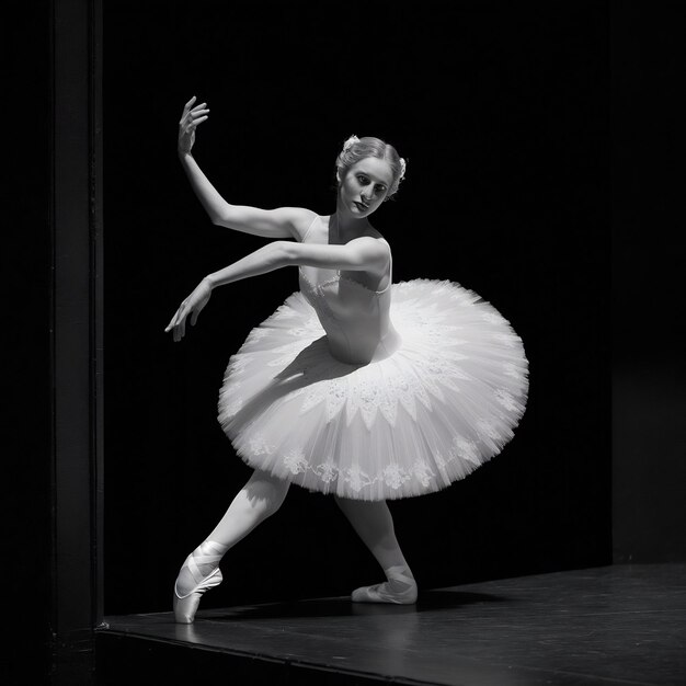 Portret van klassieke ballerina in witte jurk op zwart