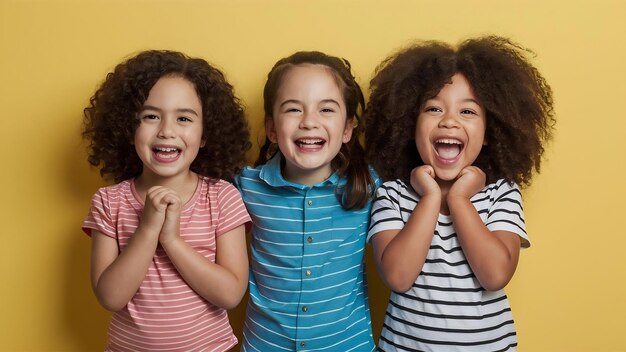 Foto portret van kleine blanke kinderen met heldere emoties geïsoleerd op geel