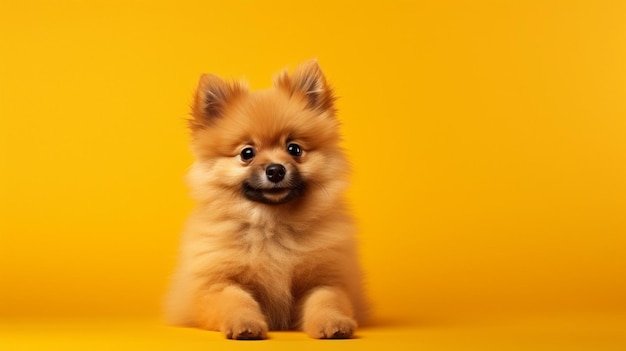 Foto portret van kleine rode spitz puppy poseren op een gele achtergrond met kopie ruimte generatieve ai