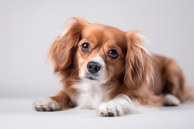 Portret van kleine schattige hond rustig liegen en poseren geïsoleerd over witte studio achtergrond