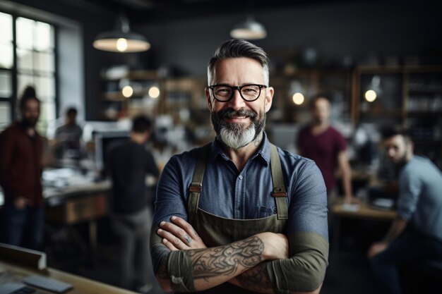 Portret van knappe bebaarde man met gekruiste armen in café