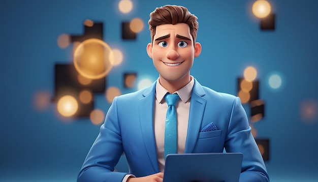 Portret van knappe cartoon zakenman karakter man over blauwe achtergrond gebruik laptop voor presentatie 3d render illustratie