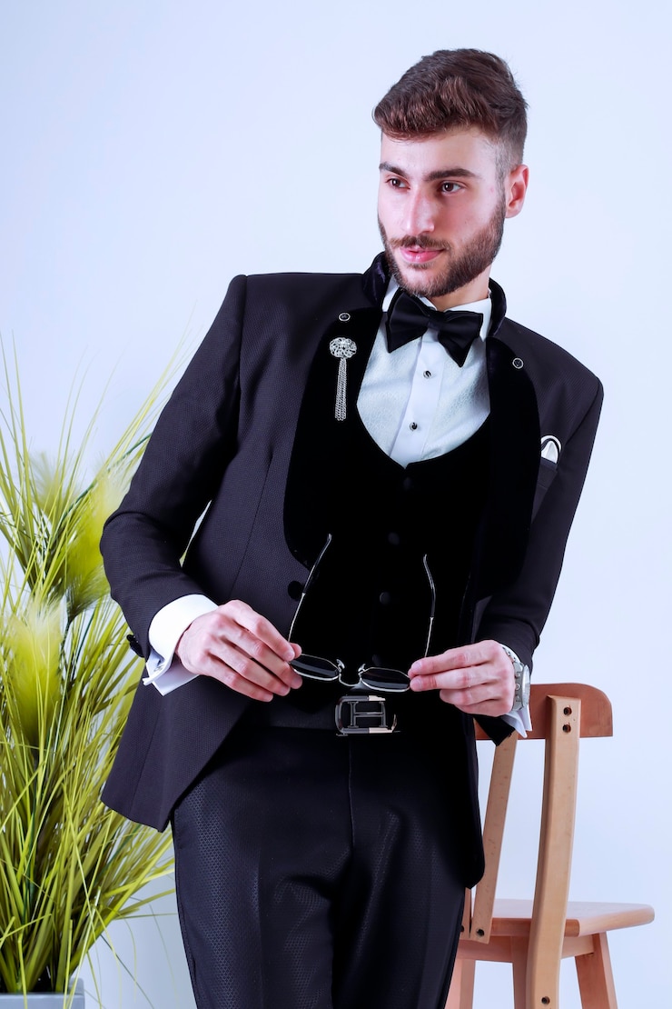 Foto portret van knappe man in zwart pak