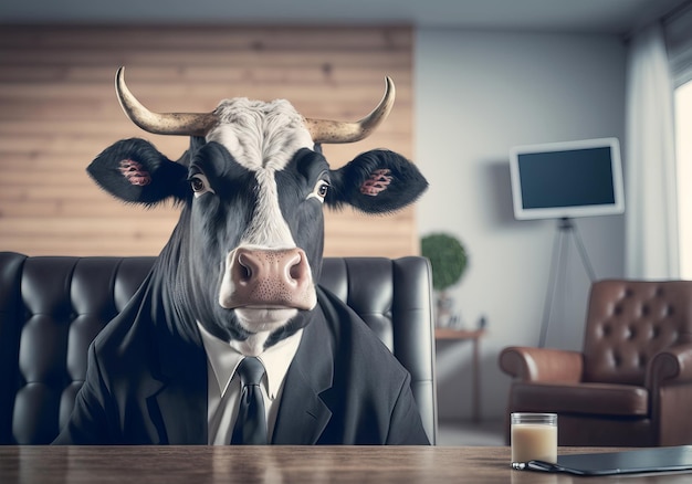 Portret van koe in een pak op kantoor