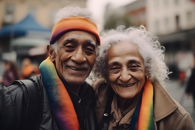 Portret van lachend senior koppel met regenboogvlaggen op straat