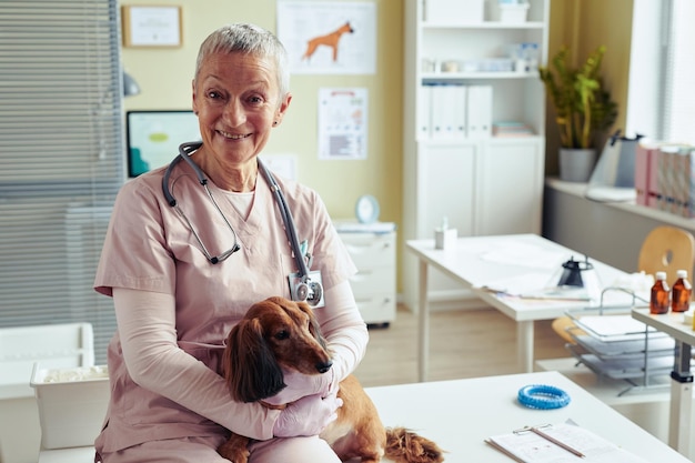 Portret van lachende deskundige dierenarts met hond