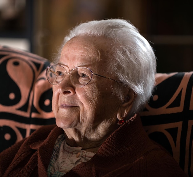 Portret van lachende grijsharige oude vrouw die thuis poseert