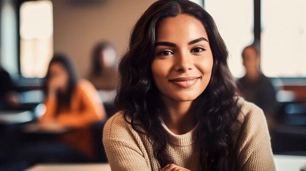 Portret van lachende jonge vrouw met krullend haar kijkend naar de camera in café Generatieve AI