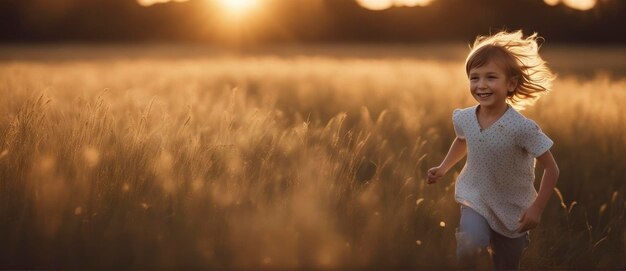 Portret van lachende meisje spelen springen en rennen op gras hooi veld paden van droog gras in de zonsondergang Wuivende handen Bos op heldere lichte achtergrond bewolkte zonnige hemel Hooitijd