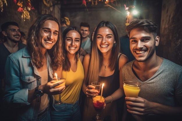 Portret van lachende mensen die samen genieten van een feest gemaakt met generatieve ai