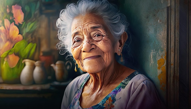 Portret van lachende oude Zuid-Amerikaanse vrouw met grijs haar kijkend naar camera Generatieve AI