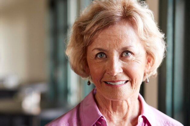 Foto portret van lachende senior vrouw zitten in restaurant