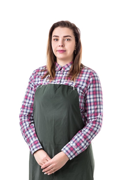 Portret van lachende vrouw professionele tuinman of bloemist in schort geïsoleerd op een witte background