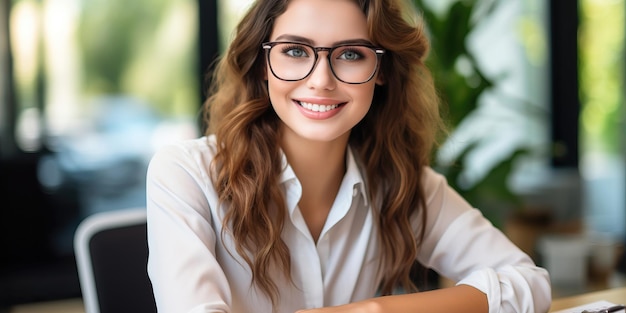 portret van lachende zakenvrouw in brillen kijken naar camera in kantoor