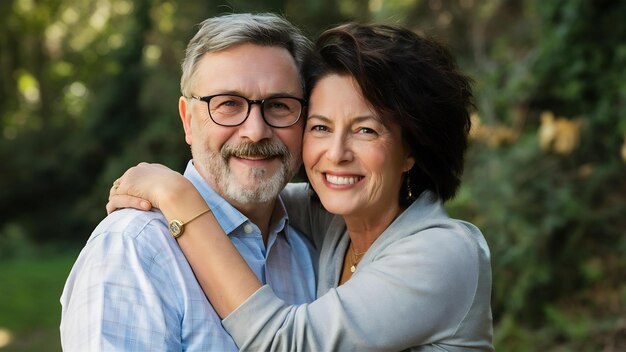 Portret van liefhebbende echtgenoten van middelbare leeftijd die elkaar omhelzen en naar de camera glimlachen