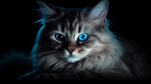 Portret van Maine Coon-kat met blauwe ogen op zwarte backgroundgenerative ai