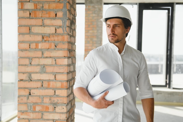 Portret van man architect op bouwplaats. Zelfverzekerde bouwmanager die veiligheidshelm draagt. Succesvolle volwassen civiel ingenieur op bouwplaats met kopieerruimte.