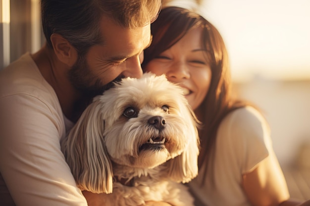 portret van man en vrouw die elkaar knuffelen schattig shih tzu hond huisdier concept