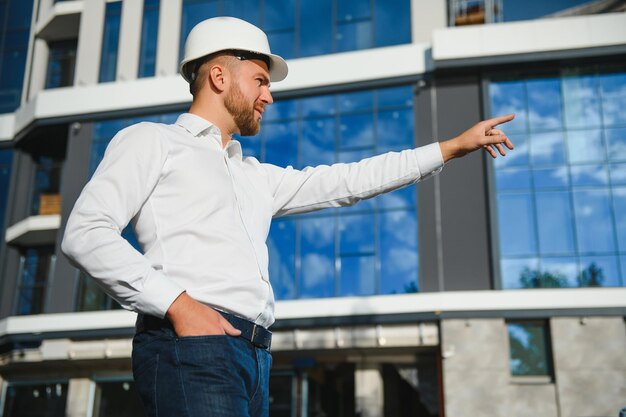 Portret van man ingenieur op bouwplaats. Mannelijke bouwmanager met witte helm en geel veiligheidsvest