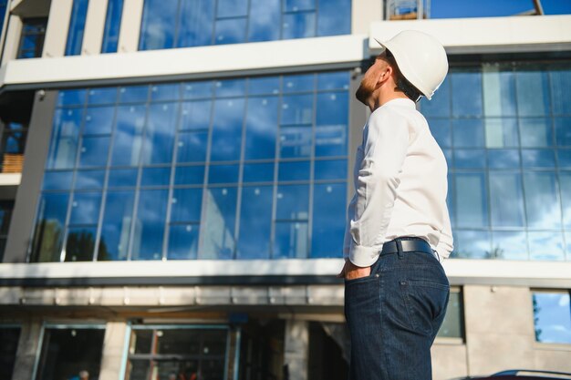 Portret van man ingenieur op bouwplaats. mannelijke bouwmanager met witte helm en geel veiligheidsvest