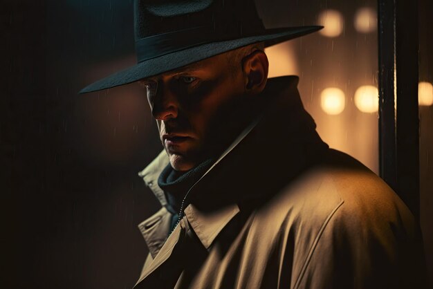 portret van mannelijke rechercheur detective spion in een jas en hoed op een regenachtige nacht op straat in de stad