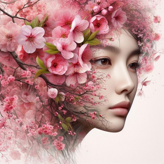 Portret van meisjesgezicht en bloemen meisjesgezichte en bloemen hybride bloemen op meisjesgezigt