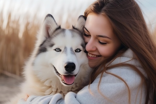 Foto portret van mensen die het husky-hondhuisdierconcept koesteren