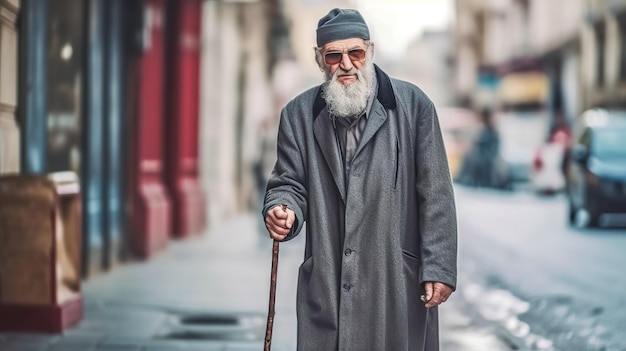 Foto portret van moderne oude man met wandelstok in stad gemaakt met generative ai