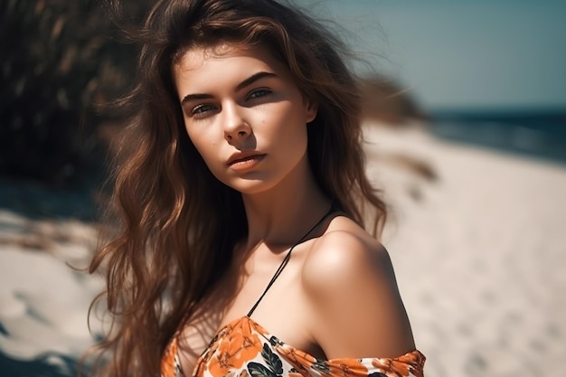 Portret van mooi gelukkig meisje ontspannen op het strand op zee in de zomer op vakantie Generatieve AI