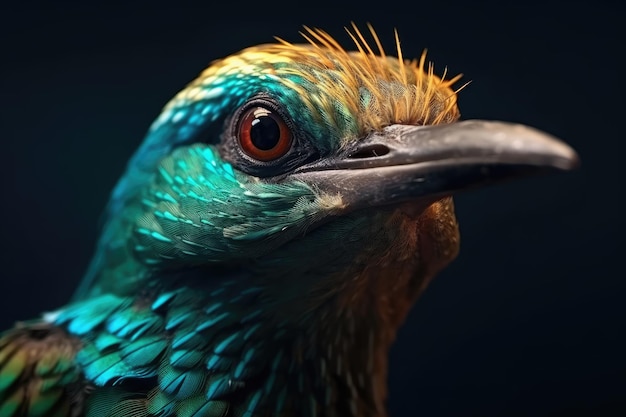 Portret van mooi kleurrijk vogeltje in close-up macrofotografie op donkere achtergrond Generatieve AI