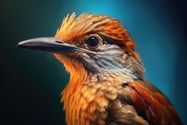 Portret van mooi kleurrijk vogeltje in close-up macrofotografie op donkere achtergrond Generatieve AI