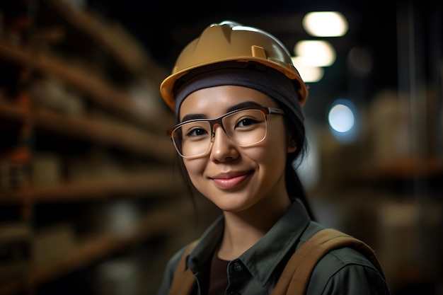 Portret van mooie Aziatische glimlachende vrouwelijke fabrieksmagazijn in veiligheidsvest en helm werkend in magazijnmensen en industrieconcept Generatieve Ai