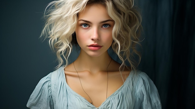 portret van mooie blonde vrouw met krullend golvend kapsel