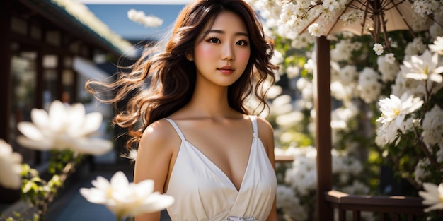 Portret van mooie Japanse vrouwen, gekleed in witte zomerjurk