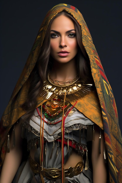 Foto portret van mooie jonge vrouw in middeleeuws kostuum op donkere achtergrond