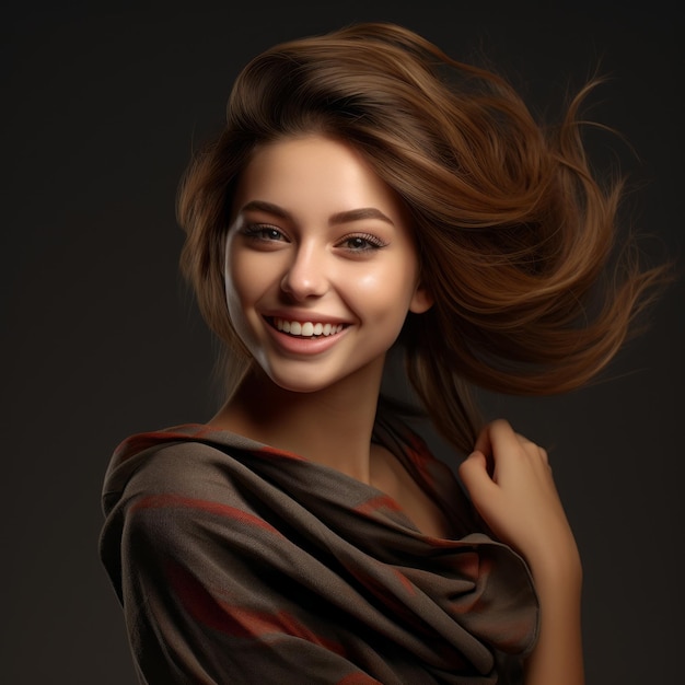 portret van mooie jonge vrouw met lang haar op donkere achtergrond