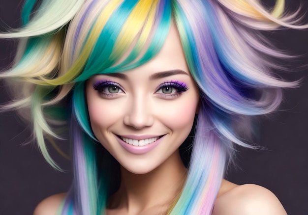 Portret van mooie jonge vrouw met lichte make-up en kleurrijk haar Generatieve AI