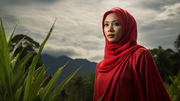 Portret van moslimvrouw in rode hijab buiten neurale netwerk ai gegenereerd