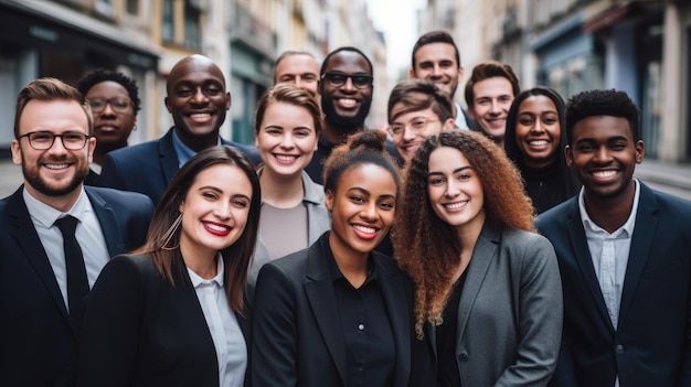 Portret van multiculturele zakenlieden buiten Grote groep glimlachende mensen in formele kleding