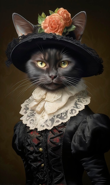 portret van mystieke zwarte kat realistische halloween helloween katten in een hoed en historisch pak