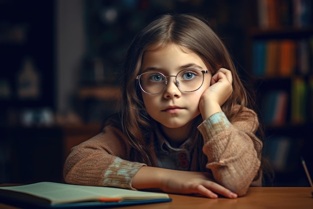Portret van nadenkend meisje dat huiswerk AI Generative doet
