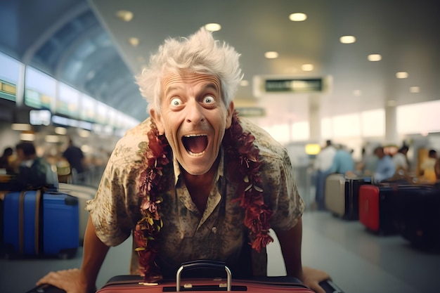 Foto portret van oude man gelukkige uitdrukking reiziger op de luchthaven ai gegenereerd