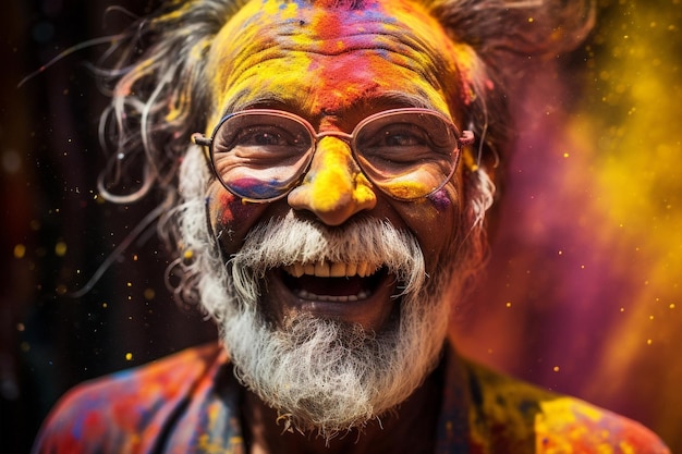 Portret van oude man in kleurrijk poeder op het Indiase straatfestival Holi